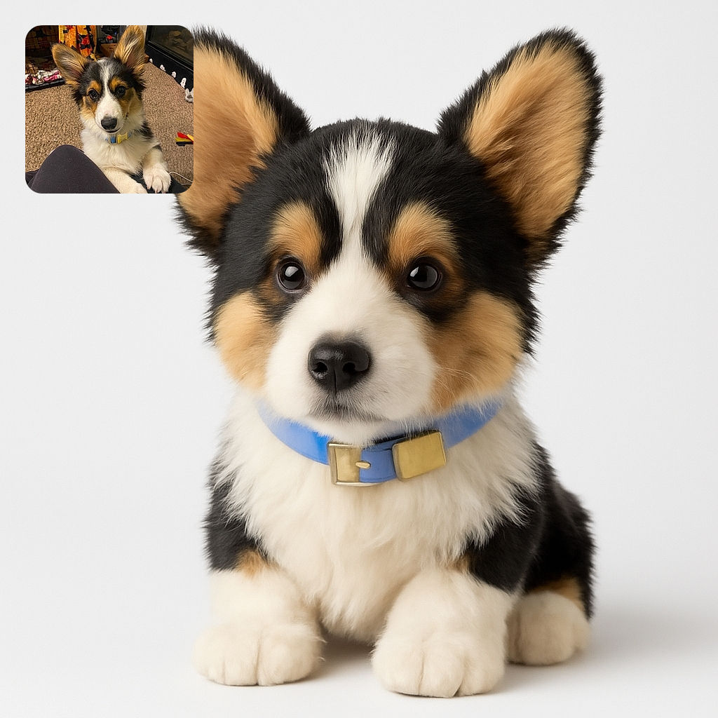 An adorable tricolor puppy with big ears and soulful eyes leans on a person's leg, looking ready for some cuddles. The cozy indoor setting features a patterned blanket in the background and a carpeted floor, making it a warm and inviting snapshot of puppy love.