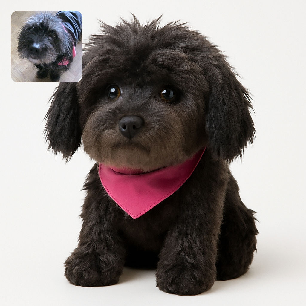 A slightly blurry close-up photo of a scruffy black dog wearing a jacket with a pink lining, looking up with curious eyes on a parquet floor.