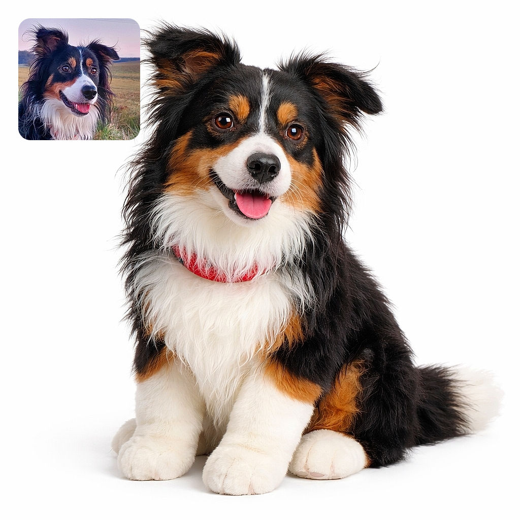 A joyful dog with fluffy fur and bright eyes is captured outdoors in a natural field setting during sunset, looking alert and happy with its tongue slightly out, ears perked up, and a soft pastel sky in the background.