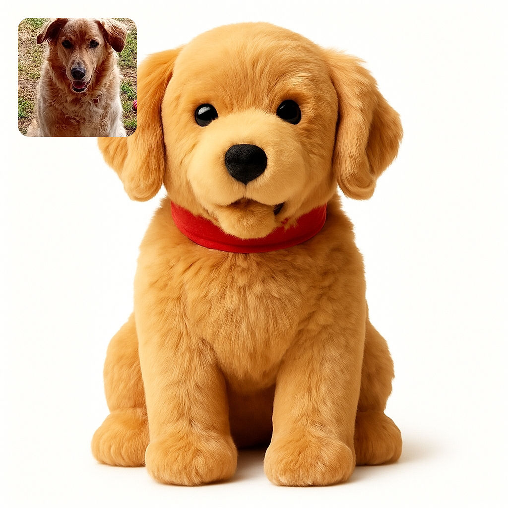 A fluffy golden retriever sits attentively outdoors on a patchy grassy area, looking directly at the camera with a happy expression and slightly open mouth, capturing the lovable essence of a friendly dog enjoying nature.