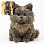 A fluffy, grey cat with striking green eyes looks up inquisitively from a wooden floor, its fur blending beautifully with the warm tones of the floorboards and a shiny metallic object nearby.