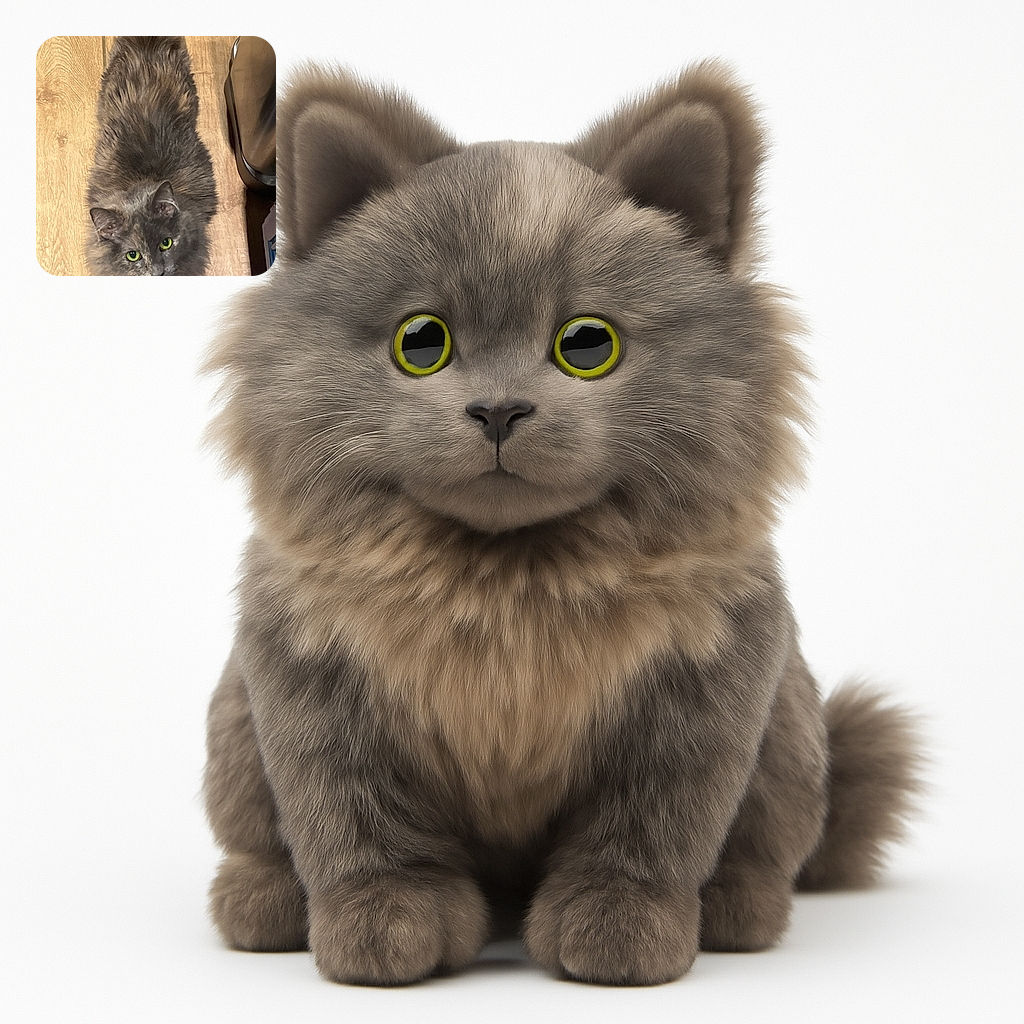 A fluffy, grey cat with striking green eyes looks up inquisitively from a wooden floor, its fur blending beautifully with the warm tones of the floorboards and a shiny metallic object nearby.