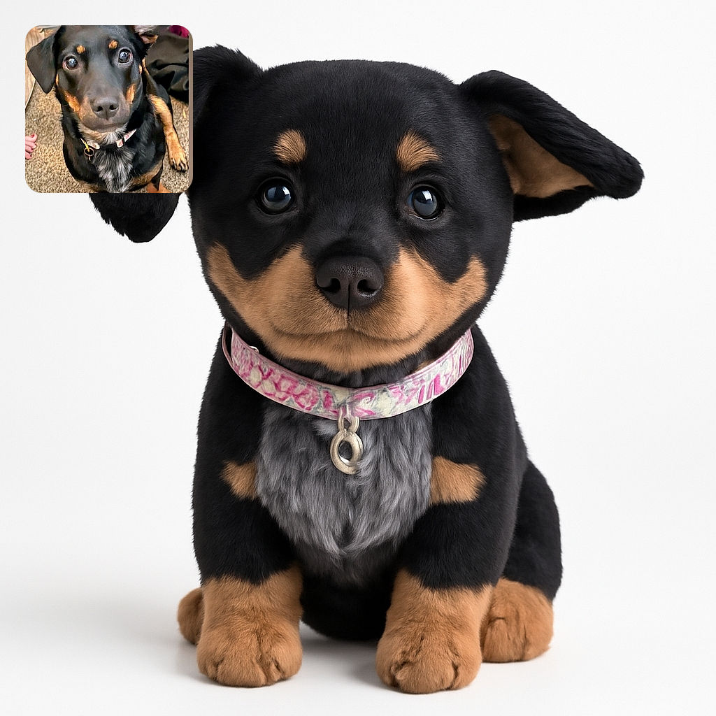 A close-up photo of a curious black and tan dog sitting on a carpet, looking up with wide, shiny eyes and one ear perked up, surrounded by indoor home items and a visible human foot with painted toenails.