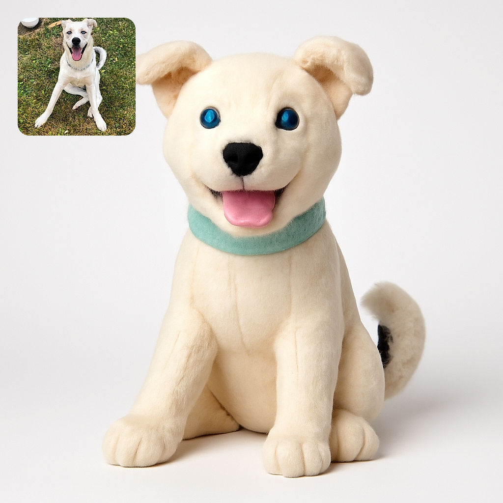 A happy dog with striking blue eyes sits on a patchy grassy lawn, tongue out in a big smile, looking ready for a game or a belly rub. A white bowl sits nearby, hinting at a recent snack or water break.