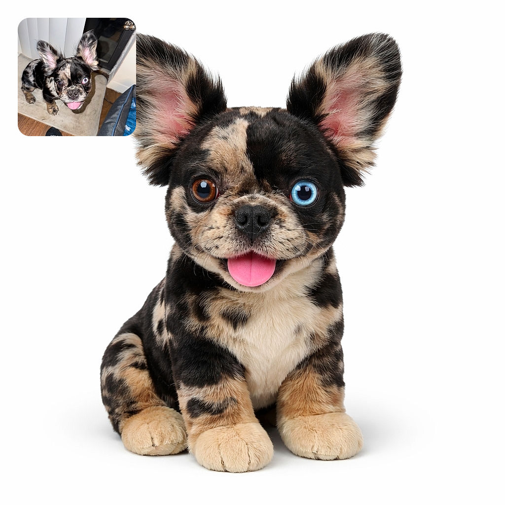 A playful small dog with a unique merle coat and heterochromia (one blue eye, one brown eye) looks up excitedly with its tongue out, sitting on a beige mat near a door. A foot wearing a black sock labeled 'DRI-FIT' is visible at the bottom, and a cozy blue dog bed is nearby on the wooden floor.