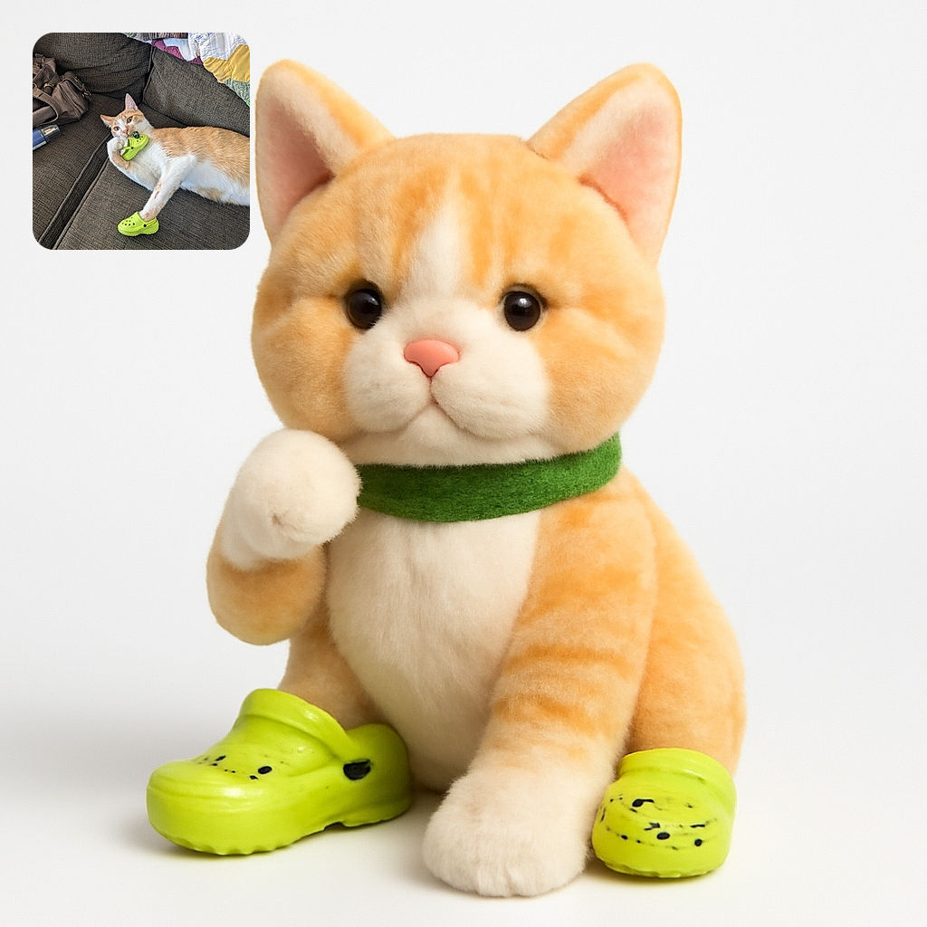 A charming orange and white cat lounging on a brown couch, playfully holding and wearing tiny lime-green Crocs on its paws, surrounded by cozy blankets and a handbag, creating a whimsical and adorable scene.