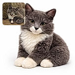 A fluffy gray and white cat lounges comfortably on a textured couch with a patterned pillow behind it, looking serenely at the camera with curious eyes and a relaxed pose.