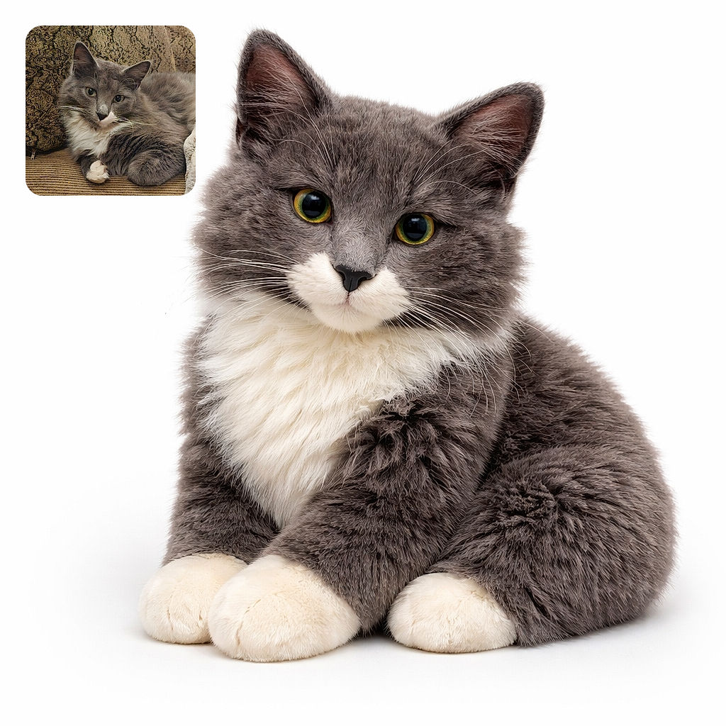 A fluffy gray and white cat lounges comfortably on a textured couch with a patterned pillow behind it, looking serenely at the camera with curious eyes and a relaxed pose.