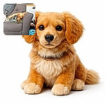 A golden retriever puppy is lounging comfortably on a gray couch, resting its head on a colorful blanket. The cozy setting includes a folded gray blanket on the couch back, a staircase in the background, and some dog toys nearby, creating a warm and homely vibe.