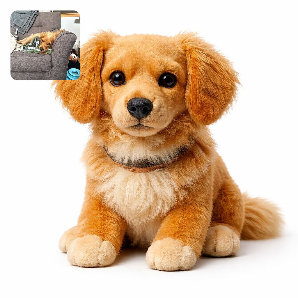 A golden retriever puppy is lounging comfortably on a gray couch, resting its head on a colorful blanket. The cozy setting includes a folded gray blanket on the couch back, a staircase in the background, and some dog toys nearby, creating a warm and homely vibe.