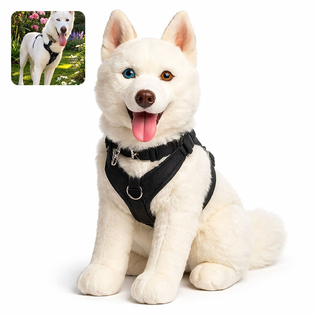 A majestic white dog with heterochromia (one blue eye, one brown eye) stands proudly in a sunlit garden filled with colorful flowers, tongue out in a happy pant, wearing a black harness.