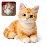 A charming orange tabby cat with wide, curious eyes lounges comfortably on a soft beige surface, with a vibrant red background adding a cozy contrast. The cat's fluffy tail curls neatly around its body, making it look like a purring loaf of warmth and curiosity.