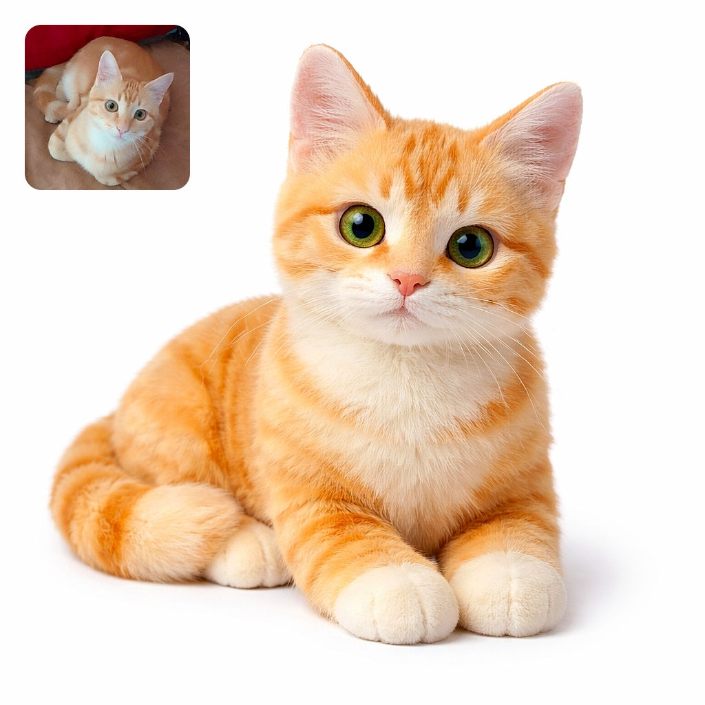 A charming orange tabby cat with wide, curious eyes lounges comfortably on a soft beige surface, with a vibrant red background adding a cozy contrast. The cat's fluffy tail curls neatly around its body, making it look like a purring loaf of warmth and curiosity.