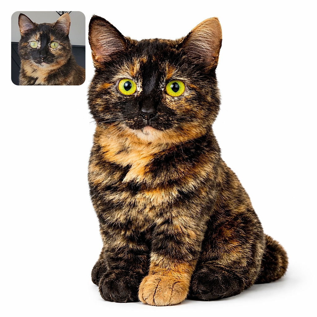 A close-up portrait of a tortoiseshell cat with bright green eyes staring intently. The background is simple with a decorative mirror, highlighting the cat's striking fur pattern and curious expression.