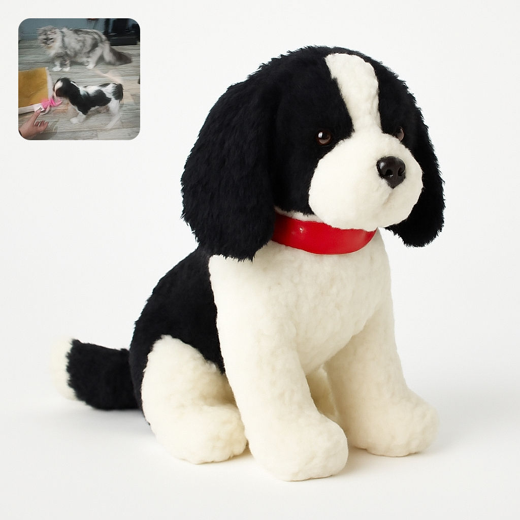 A blurry and shaky photo captures a fluffy cat and a small black-and-white dog on a wooden floor, with a hand reaching out towards the dog. The background is a plain wall with some electrical outlets and objects, but the motion blur makes it hard to focus on details.
