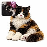 A fluffy calico cat is peacefully napping curled up on a dark textured blanket with a cozy plaid pillow and soft red curtains in the background, radiating ultimate relaxation vibes.