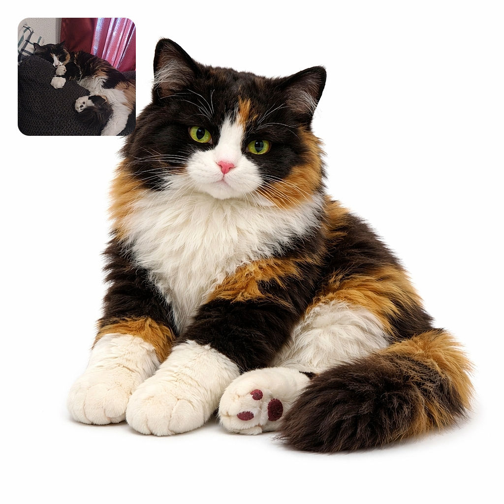 A fluffy calico cat is peacefully napping curled up on a dark textured blanket with a cozy plaid pillow and soft red curtains in the background, radiating ultimate relaxation vibes.