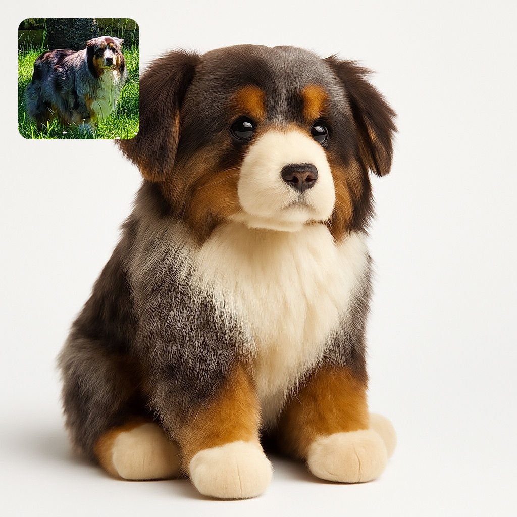 A fluffy, tri-colored dog stands alert in a sunlit grassy yard near a tree trunk and a mossy wall, looking like the king of the backyard jungle.