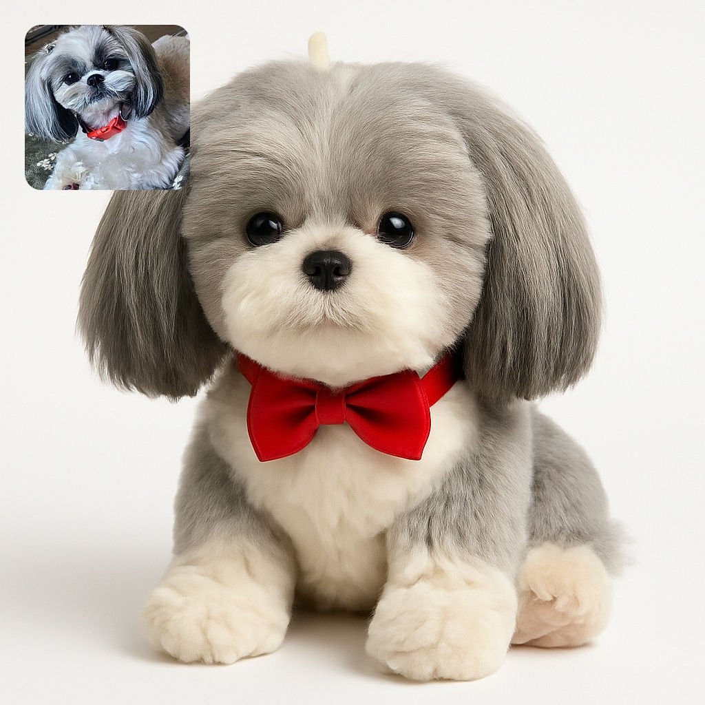 A fluffy, adorable dog with a stylish bow on its head and a bright orange collar lounges comfortably on a floral blanket, giving the camera a soulful, almost human-like expression that melts hearts.