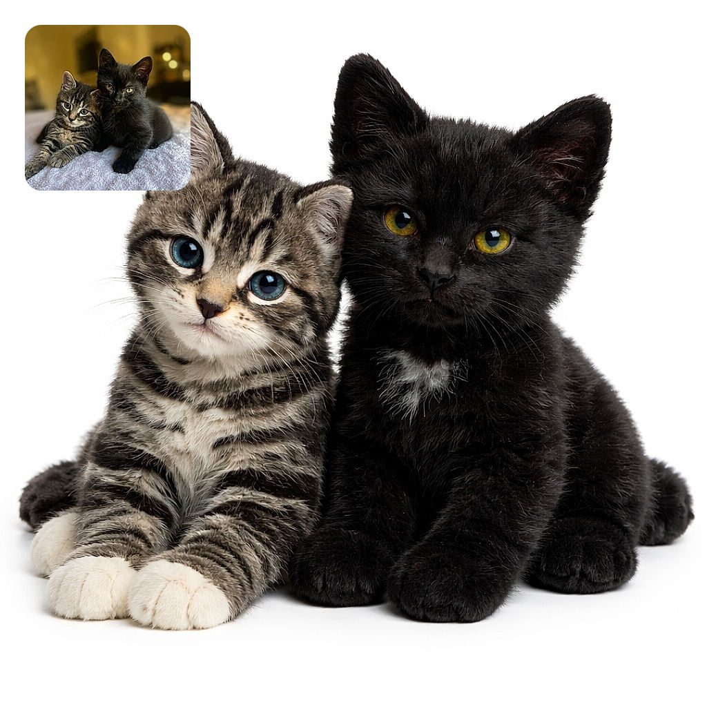 Two adorable kittens, one tabby and one black, are cozied up on a soft textured blanket with a warm, softly blurred background that highlights their curious eyes and fluffy fur.