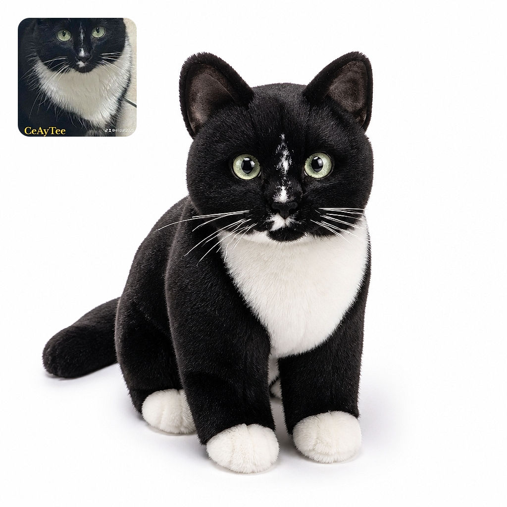 A sharply focused tuxedo cat stares into the camera with the serious expression of a tiny courtroom judge, proudly displaying its snowy bib, white paws, and magnificent whiskers. The yellow creator text and small watermark sit over the image, while the tiled background keeps things simple.
