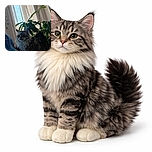 A fluffy, majestic cat stands proudly indoors next to a lush green plant with a softly lit window curtained in the background, creating a cozy and natural atmosphere.