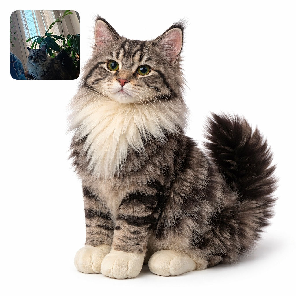 A fluffy, majestic cat stands proudly indoors next to a lush green plant with a softly lit window curtained in the background, creating a cozy and natural atmosphere.