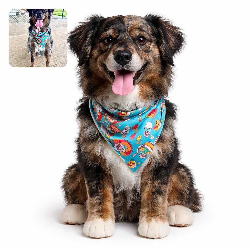 A happy dog sporting a colorful bandana with skulls and beach motifs sits on a concrete floor with a chain-link fence and green grass in the background, tongue out and ready for fun.