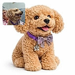 An adorable curly-haired dog with a sparkly bow tie and purple collar is front and center, tongue out and looking happy. Behind the dog, a smiling elderly woman with glasses peeks into the frame, creating a warm and cozy moment in a softly lit indoor setting.