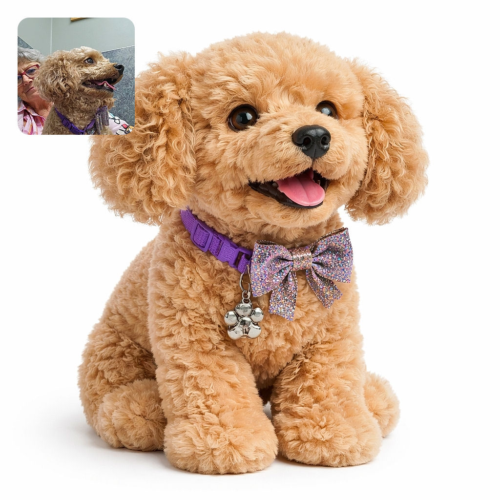 An adorable curly-haired dog with a sparkly bow tie and purple collar is front and center, tongue out and looking happy. Behind the dog, a smiling elderly woman with glasses peeks into the frame, creating a warm and cozy moment in a softly lit indoor setting.