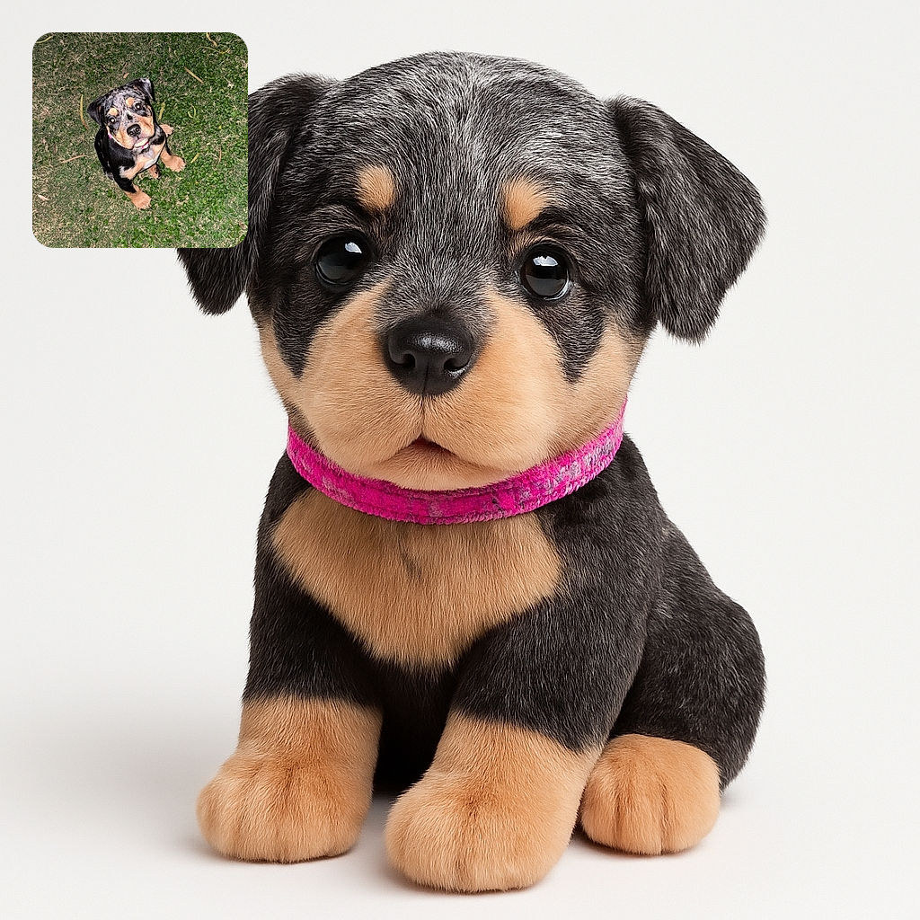 A charming puppy with a shiny black and tan coat sits on a patchy grassy lawn, looking up with curious, bright eyes as if wondering what the camera is all about.