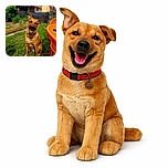 A happy dog with one ear perked up and eyes closed is sitting on green grass next to an orange metal table and chair outdoors, looking like it's smiling or laughing at a good joke.