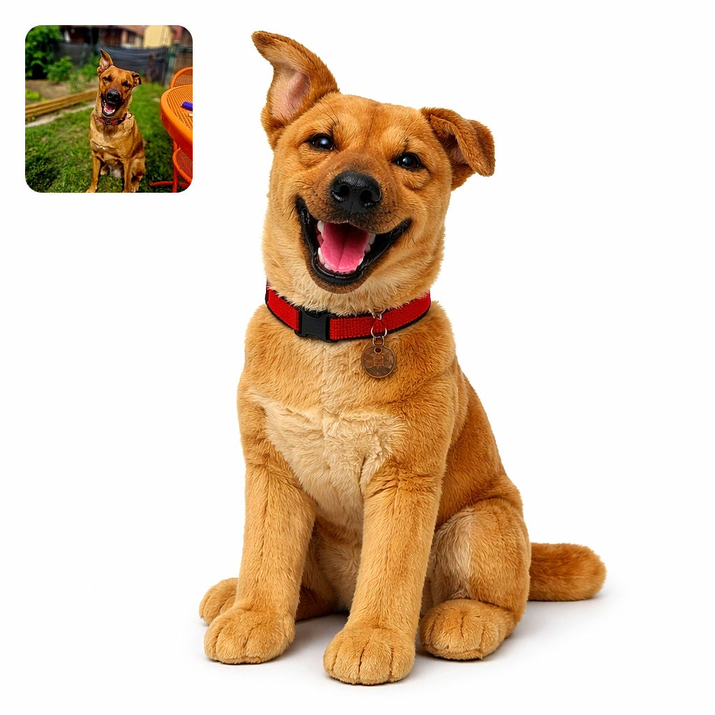 A happy dog with one ear perked up and eyes closed is sitting on green grass next to an orange metal table and chair outdoors, looking like it's smiling or laughing at a good joke.