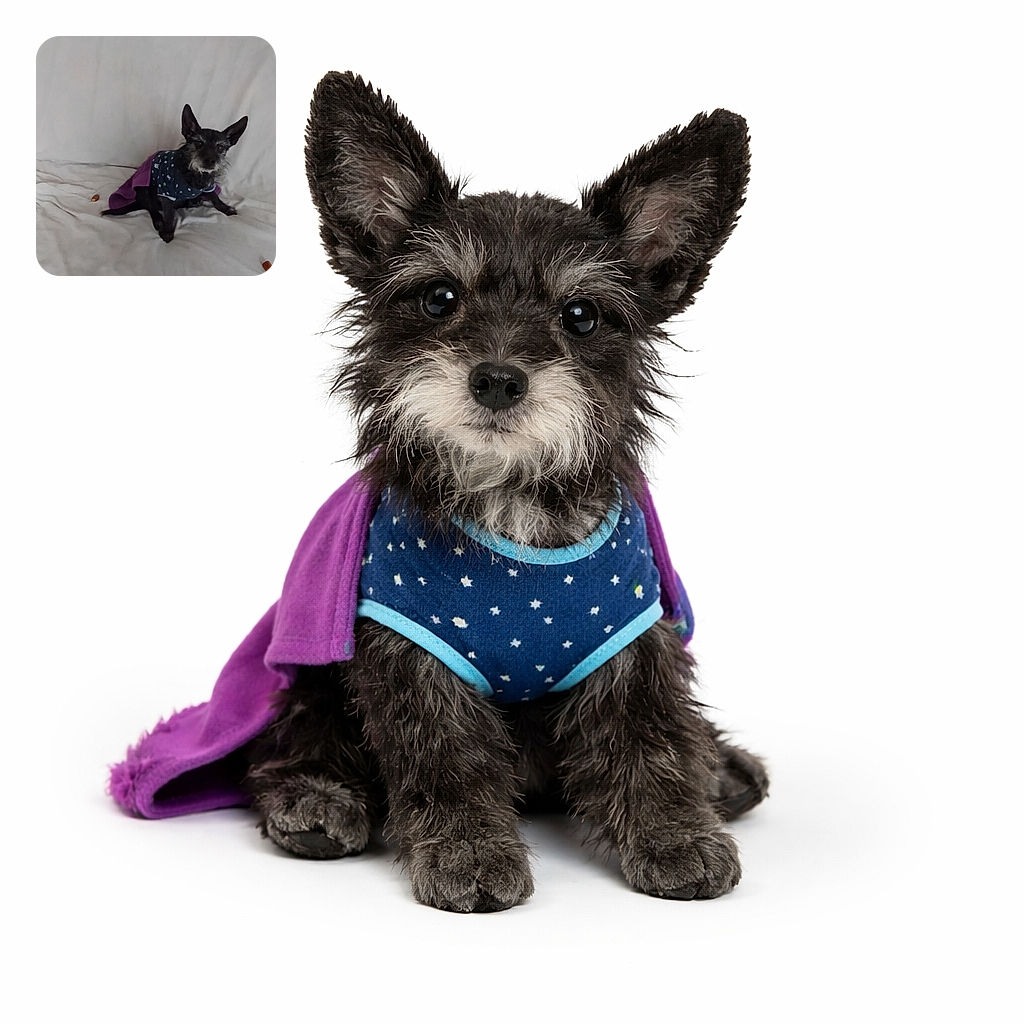 A scrappy little black dog in a star-speckled sweater and purple wrap sits on a rumpled white bed, giving the camera a very serious, suspiciously conspiratorial stare. Two tiny treats lie nearby like discarded evidence while the soft, neutral backdrop makes this pup look like an indie-film protagonist plotting snack time.