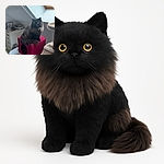 A majestic fluffy black cat with glowing yellow eyes sits regally on a bright red textured cube, surrounded by cozy cat furniture and a skylight window letting in natural light, creating a serene indoor scene.