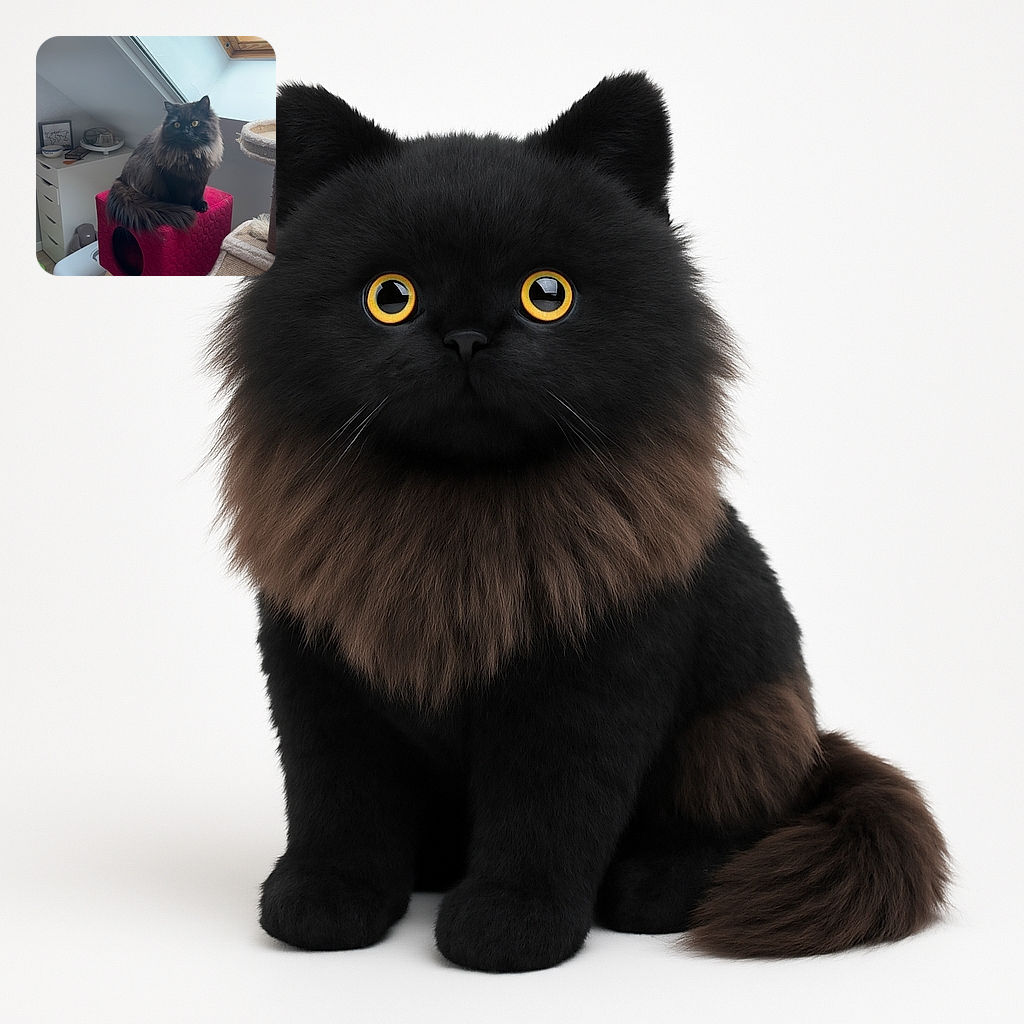 A majestic fluffy black cat with glowing yellow eyes sits regally on a bright red textured cube, surrounded by cozy cat furniture and a skylight window letting in natural light, creating a serene indoor scene.