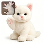 A fluffy white kitten lies comfortably on a soft brown surface, showing off its adorable pink paw pads and curious green eyes, looking ready for a playful nap or a quick pounce.