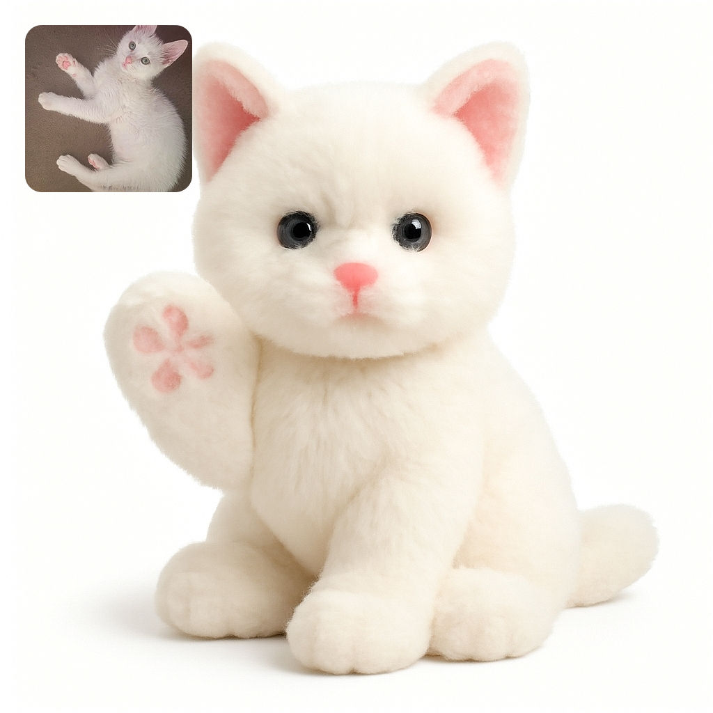 A fluffy white kitten lies comfortably on a soft brown surface, showing off its adorable pink paw pads and curious green eyes, looking ready for a playful nap or a quick pounce.