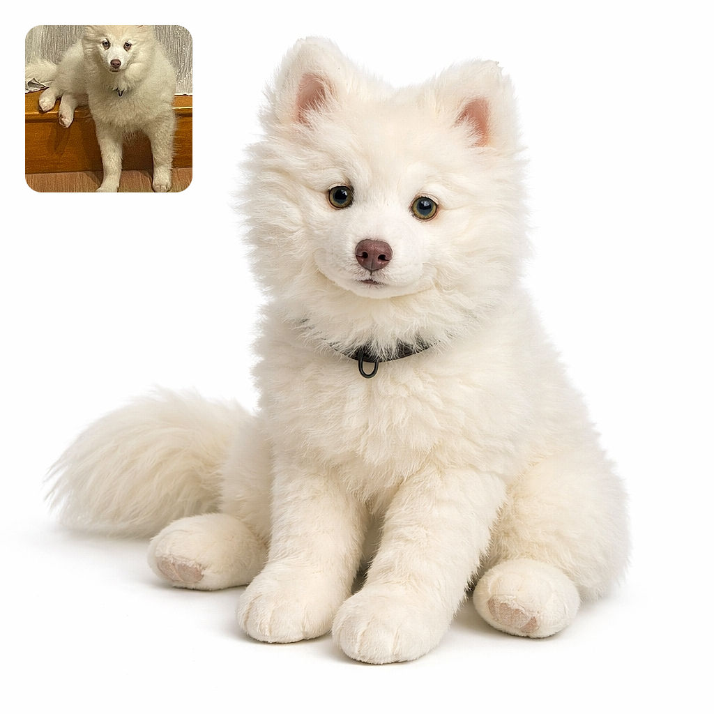 A fluffy white pup stares at the camera like it knows a secret — sitting on a wooden step with curtains behind, looking equal parts regal and slightly confused while the screenshot caption snickers below.