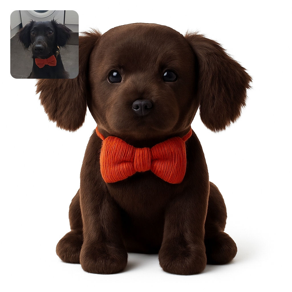 A charming black dog sporting a bright orange bow tie sits attentively on a tiled floor in front of a washing machine, looking like it's ready for a fancy occasion or maybe just a spin cycle of cuteness.
