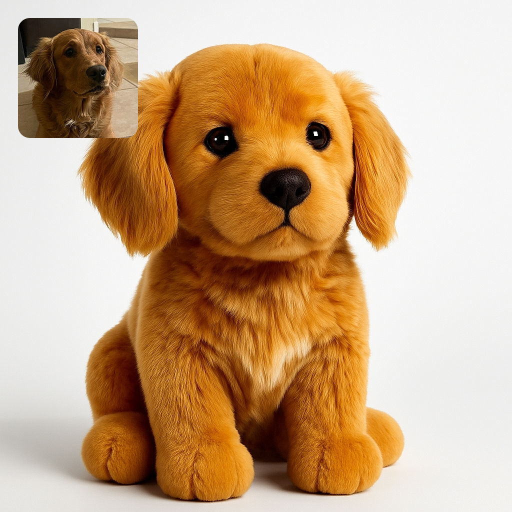 A golden retriever with soulful eyes and a fluffy coat sits patiently on a tiled floor, looking off to the side as if pondering the mysteries of the universe or waiting for a treat.