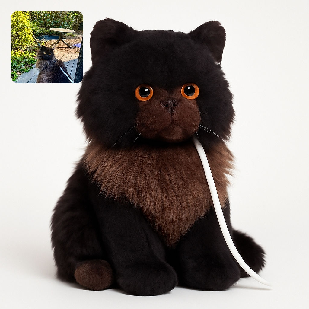A fluffy black cat with striking amber eyes sits calmly on a wooden deck, wearing a harness and leash, surrounded by lush greenery and garden furniture on a sunny day.