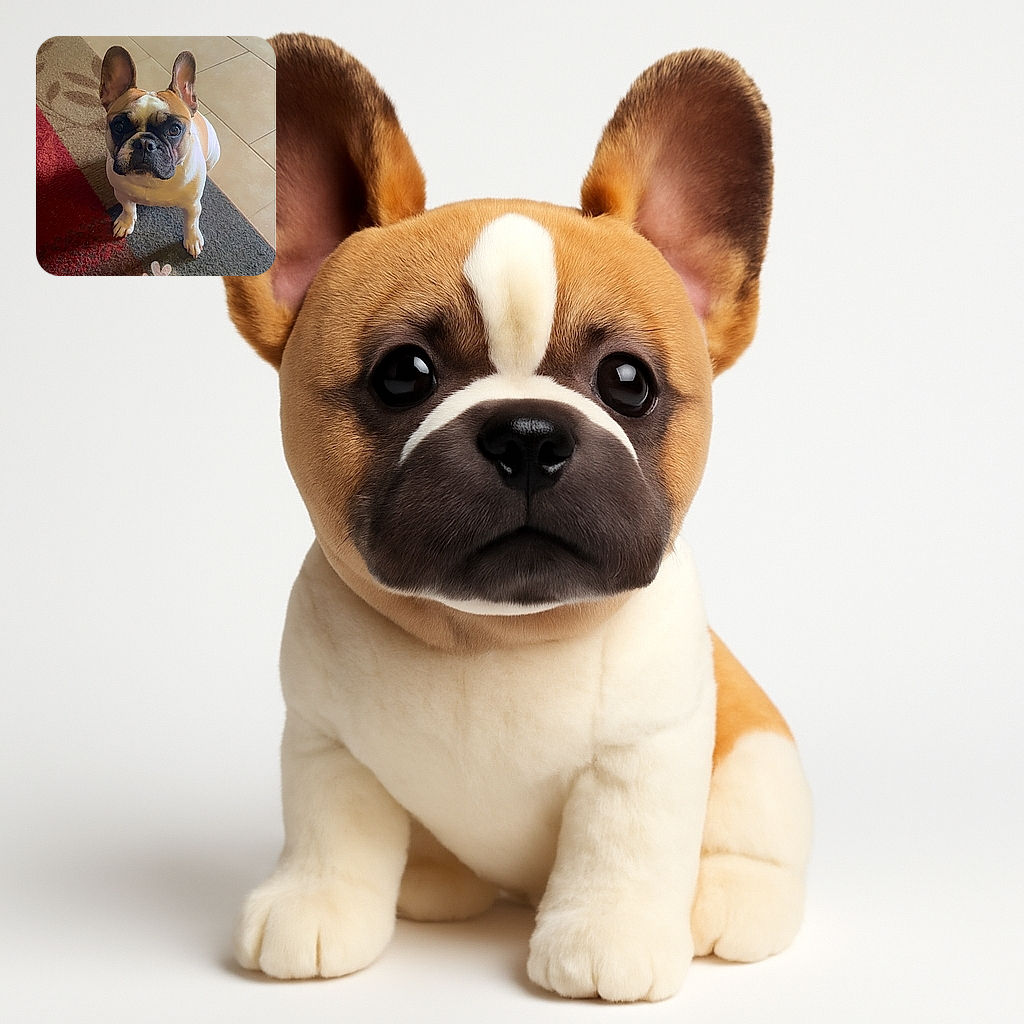 A curious French Bulldog standing on a patterned rug with a tiled floor background, ears perked up and eyes wide open as if ready for a treat or a game.