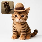 A serious-looking tabby cat wearing a tiny cowboy hat sits on a wooden floor against a plain wall, channeling some western vibes with an adorable yet stern gaze.