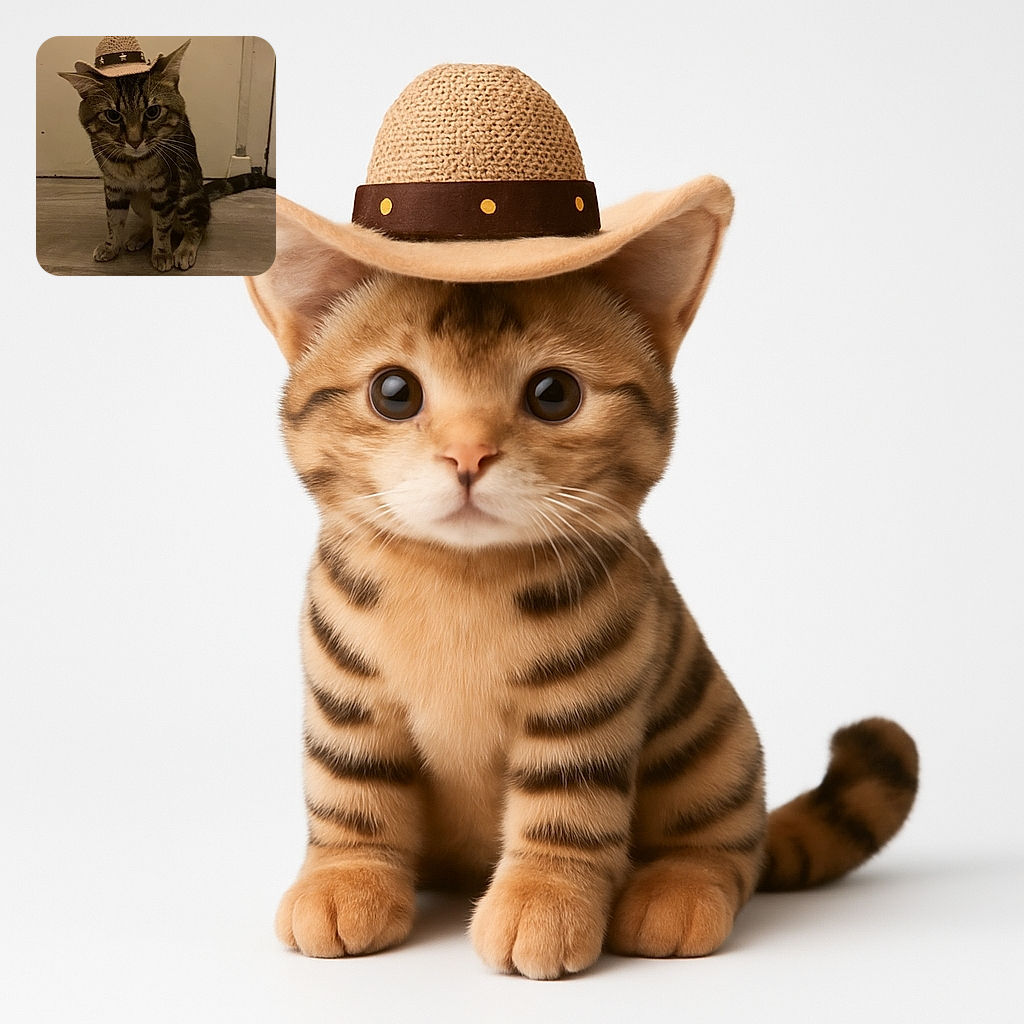 A serious-looking tabby cat wearing a tiny cowboy hat sits on a wooden floor against a plain wall, channeling some western vibes with an adorable yet stern gaze.