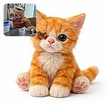 A tiny orange kitten with one eye closed or injured is being gently held up by a person's hand, reaching out with its paws as if trying to grab the camera. The setting appears to be a veterinary clinic or similar environment with medical supplies and bottles on shelves in the background. Another hand holds a baby bottle nearby, suggesting care and feeding for the kitten.