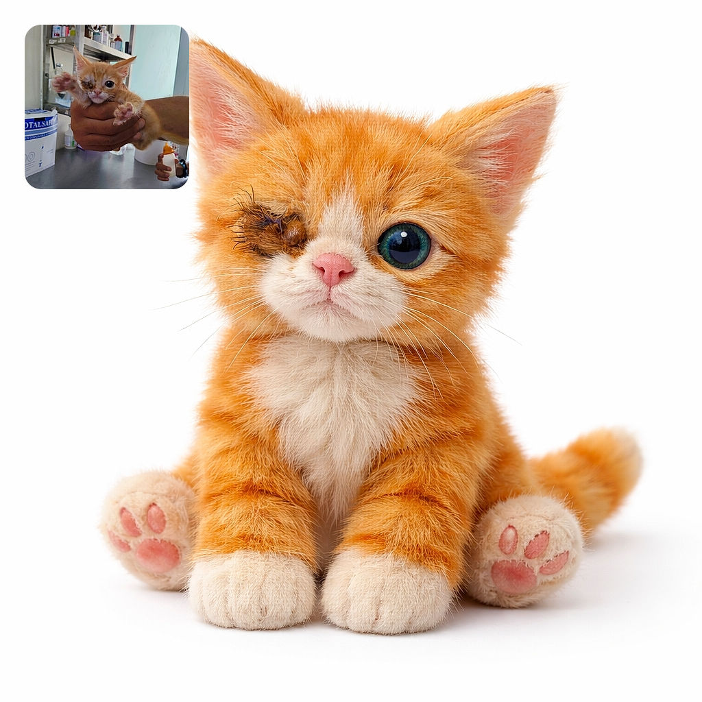 A tiny orange kitten with one eye closed or injured is being gently held up by a person's hand, reaching out with its paws as if trying to grab the camera. The setting appears to be a veterinary clinic or similar environment with medical supplies and bottles on shelves in the background. Another hand holds a baby bottle nearby, suggesting care and feeding for the kitten.
