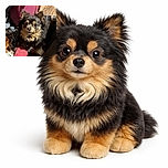 A fluffy, alert small dog with expressive eyes looks up as if expecting a treat, surrounded by a cozy clutter of household items and soft blankets on a wooden floor.