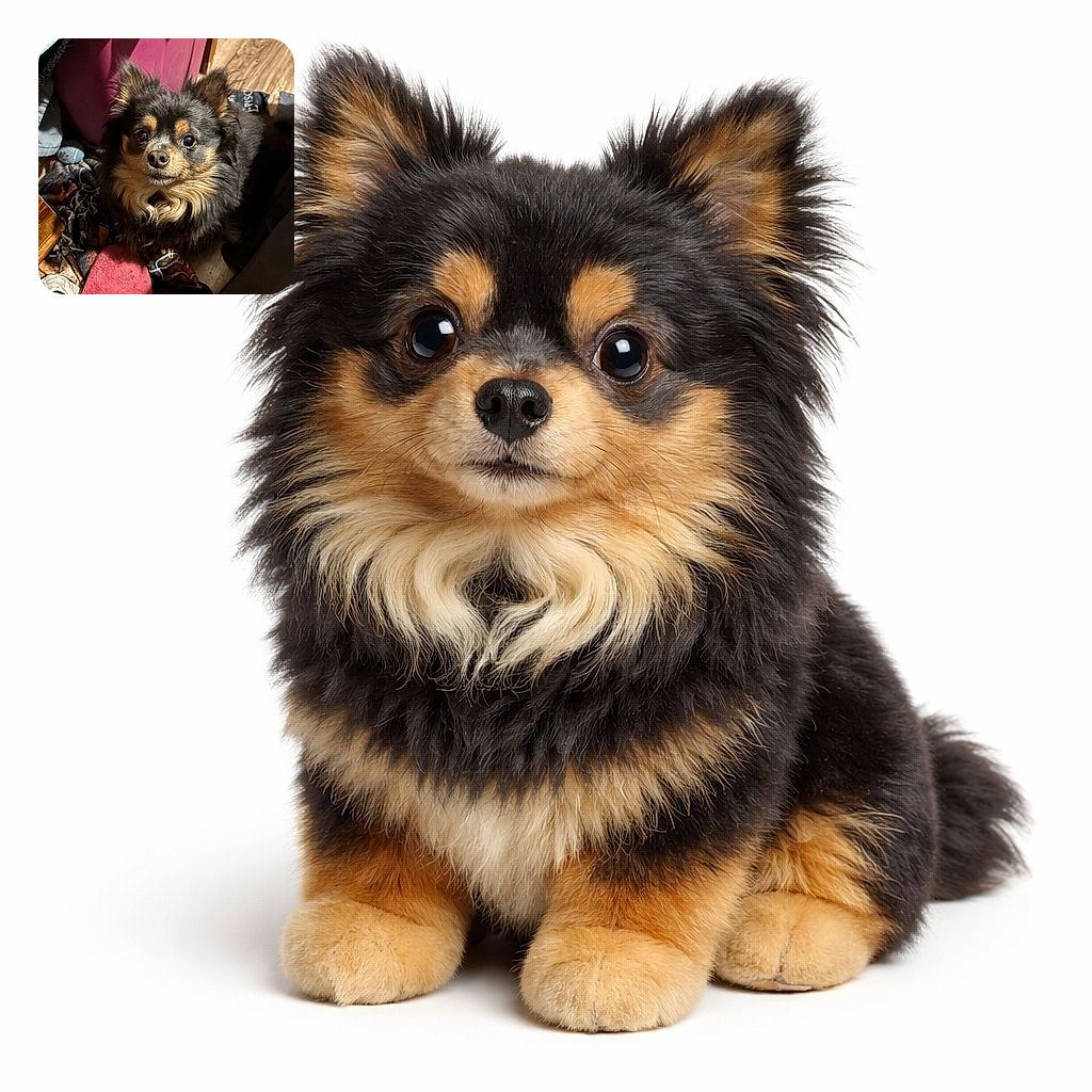 A fluffy, alert small dog with expressive eyes looks up as if expecting a treat, surrounded by a cozy clutter of household items and soft blankets on a wooden floor.