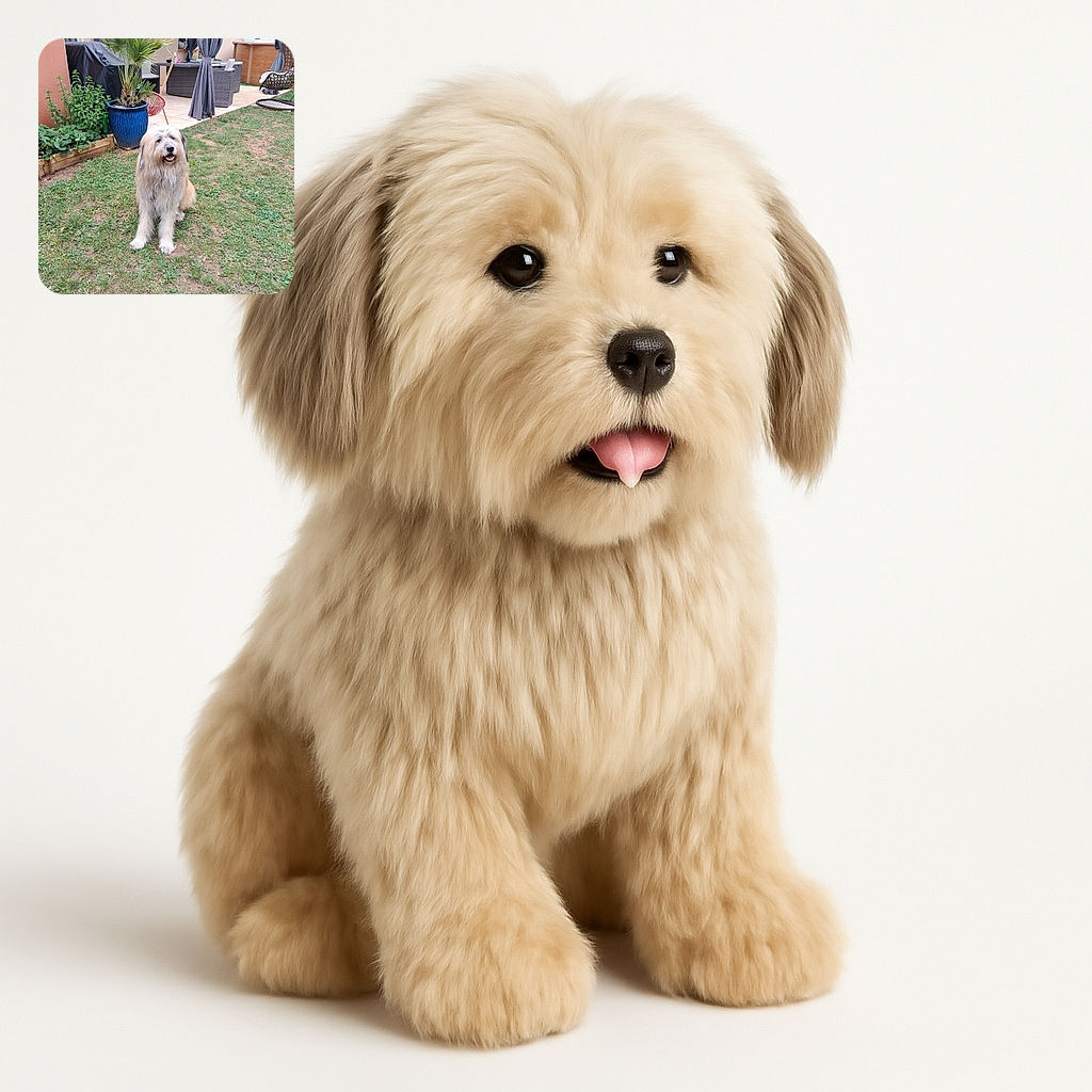 A fluffy, happy dog is sitting patiently on a patchy green lawn in a cozy backyard setup with a blue potted plant, garden furniture, and a hanging chair, looking like the ultimate good boy waiting for a treat or a belly rub.